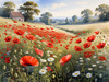 Bright Red Poppy Field with White Daisies Against Blue Sky Art Print