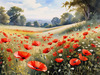 Bright Red Poppy Field with White Daisies Against Blue Sky Art Print