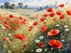 Bright Red Poppy Field with White Daisies Against Blue Sky Art Print