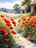 Bright Red Poppy Field with White Daisies Against Blue Sky Art Print