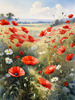 Bright Red Poppy Field with White Daisies Against Blue Sky Art Print