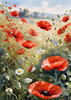Bright Red Poppy Field with White Daisies Against Blue Sky Art Print