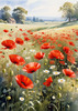Bright Red Poppy Field with White Daisies Against Blue Sky Art Print