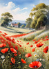 Bright Red Poppy Field with White Daisies Against Blue Sky Art Print