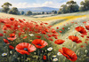 Bright Red Poppy Field with White Daisies Against Blue Sky Art Print
