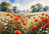 Bright Red Poppy Field with White Daisies Against Blue Sky Art Print