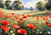 Bright Red Poppy Field with White Daisies Against Blue Sky Art Print