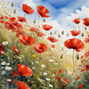 Bright Red Poppy Field with White Daisies Against Blue Sky Art Print