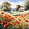 Bright Red Poppy Field with White Daisies Against Blue Sky Art Print