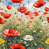 Bright Red Poppy Field with White Daisies Against Blue Sky Art Print