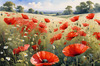 Bright Red Poppy Field with White Daisies Against Blue Sky Art Print