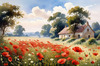 Bright Red Poppy Field with White Daisies Against Blue Sky Art Print