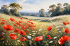 Bright Red Poppy Field with White Daisies Against Blue Sky Art Print