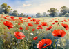 Bright Red Poppy Field with White Daisies Against Blue Sky Art Print
