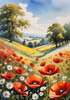 Bright Red Poppy Field with White Daisies Against Blue Sky Art Print
