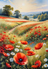 Bright Red Poppy Field with White Daisies Against Blue Sky Art Print