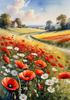 Bright Red Poppy Field with White Daisies Against Blue Sky Art Print