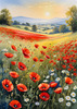 Bright Red Poppy Field with White Daisies Against Blue Sky Art Print