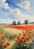 Bright Red Poppy Field with White Daisies Against Blue Sky Art Print