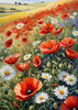Bright Red Poppy Field with White Daisies Against Blue Sky Art Print