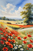 Bright Red Poppy Field with White Daisies Against Blue Sky Art Print