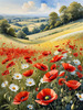 Bright Red Poppy Field with White Daisies Against Blue Sky Art Print