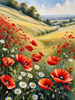 Bright Red Poppy Field with White Daisies Against Blue Sky Art Print