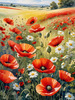 Bright Red Poppy Field with White Daisies Against Blue Sky Art Print