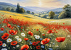 Bright Red Poppy Field with White Daisies Against Blue Sky Art Print