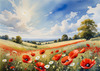 Bright Red Poppy Field with White Daisies Against Blue Sky Art Print
