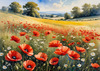 Bright Red Poppy Field with White Daisies Against Blue Sky Art Print