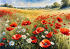 Bright Red Poppy Field with White Daisies Against Blue Sky Art Print