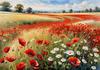 Bright Red Poppy Field with White Daisies Against Blue Sky Art Print