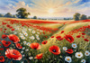 Bright Red Poppy Field with White Daisies Against Blue Sky Art Print