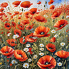 Bright Red Poppy Field with White Daisies Against Blue Sky Art Print