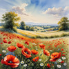 Bright Red Poppy Field with White Daisies Against Blue Sky Art Print