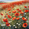Bright Red Poppy Field with White Daisies Against Blue Sky Art Print