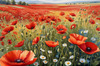 Bright Red Poppy Field with White Daisies Against Blue Sky Art Print