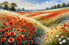 Bright Red Poppy Field with White Daisies Against Blue Sky Art Print