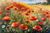 Bright Red Poppy Field with White Daisies Against Blue Sky Art Print
