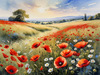 Bright Red Poppy Field with White Daisies Against Blue Sky Art Print