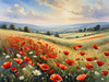 Bright Red Poppy Field with White Daisies Against Blue Sky Art Print