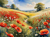Bright Red Poppy Field with White Daisies Against Blue Sky Art Print