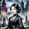 Printable Art of Victorian Goth Girl with Gothic Cathedral Background