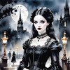 Printable Art of Victorian Goth Girl with Gothic Cathedral Background