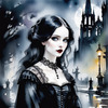 Printable Art of Victorian Goth Girl with Gothic Cathedral Background