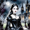 Printable Art of Victorian Goth Girl with Gothic Cathedral Background