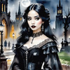 Printable Art of Victorian Goth Girl with Gothic Cathedral Background