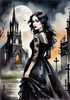 Printable Art of Victorian Goth Girl with Gothic Cathedral Background