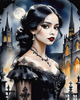 Printable Art of Victorian Goth Girl with Gothic Cathedral Background